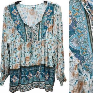 Brown Coco Peasant Top Womens 1XL Green Blue Tan Front Ties Smocked Cuffs Boho